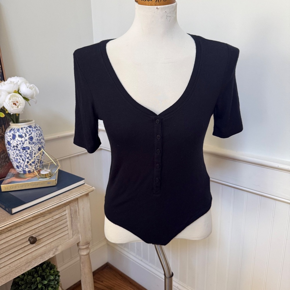 ATM Anthony Thomas Melillo Womens Black‎ Ribbed Henley Bodysuit Size L Large